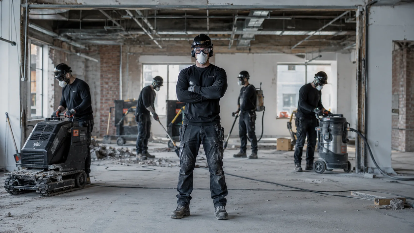 GROM demolition crew wearing protective masks and safety equipment