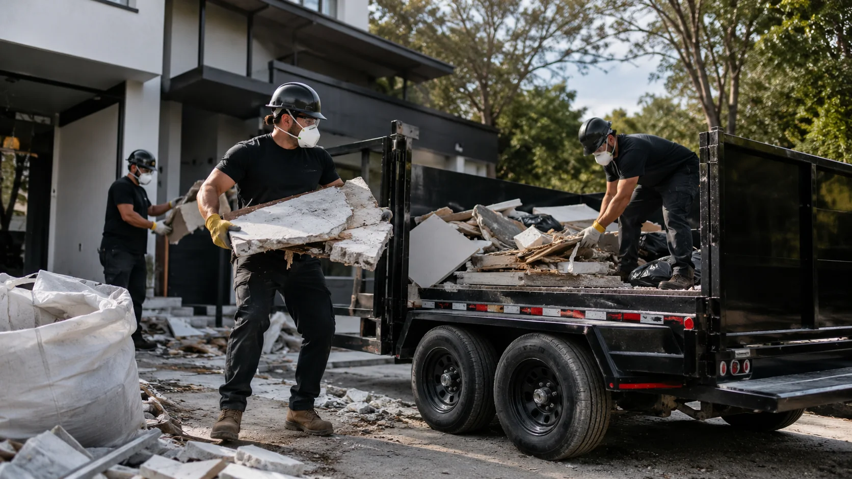 Junk removal crew loading construction debris